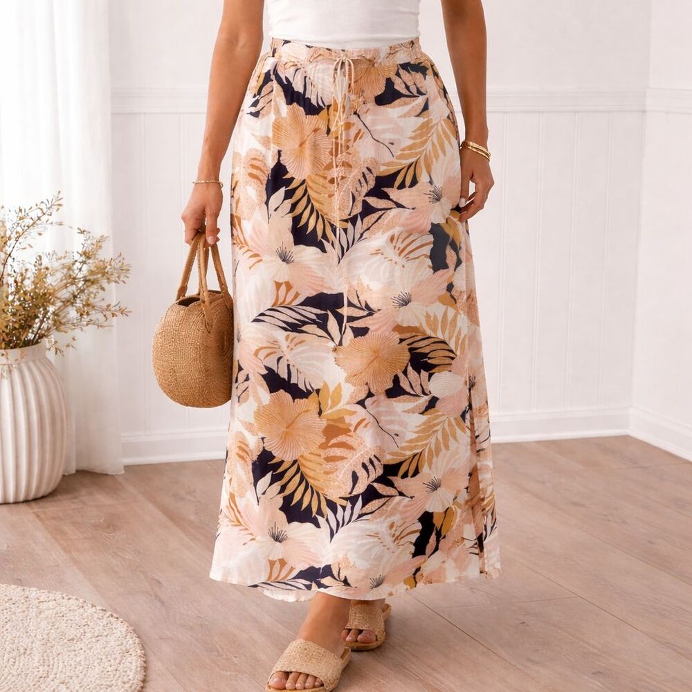 VOLCOM Floral High Waist Midi Skirt Lets Luau‎ Tropical Hawaiian Womens Medium